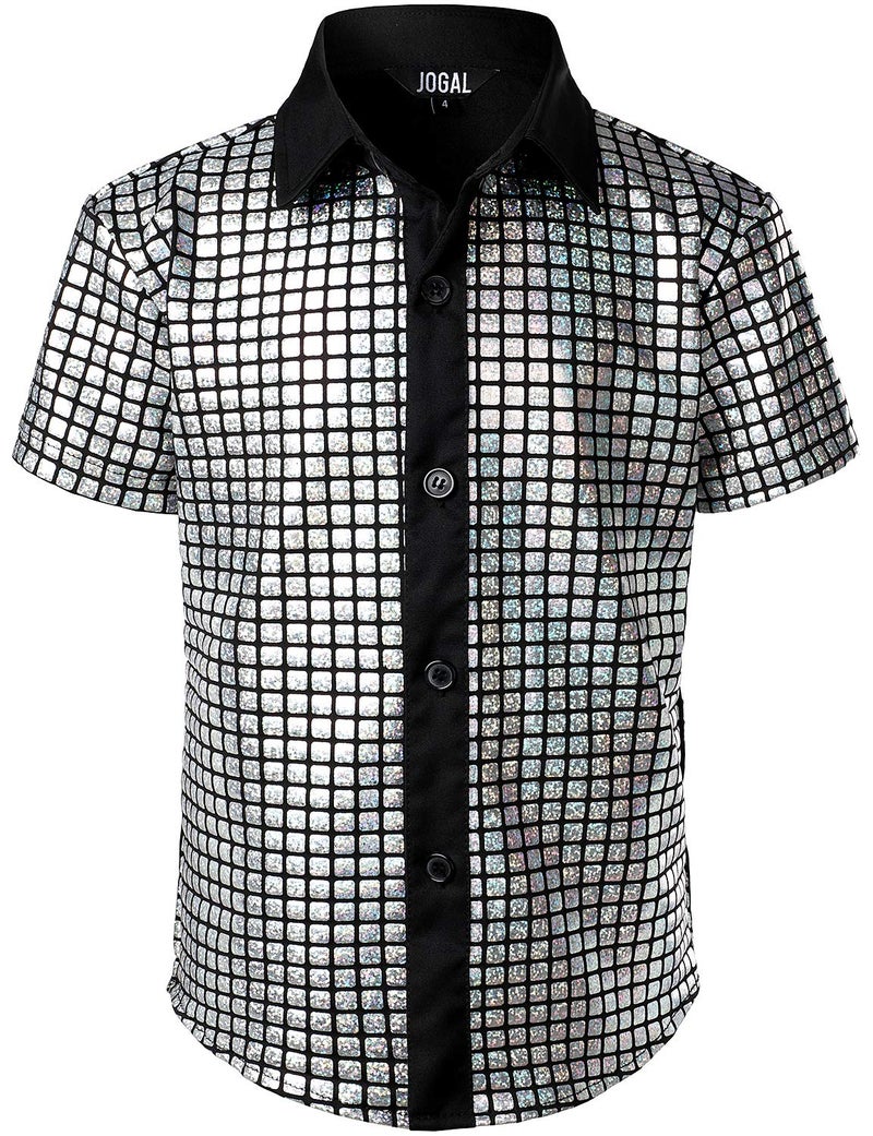 JOGAL Boy's Dress Shirt Sequins Button Down Shirts 70s Disco Party Costume 10 Silver - Image 1